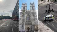 Abadia de Westminster (centro) e o isolamento feito pelas autoridades - Divulgação/Twitter/@AleksinLondon/@TorbsTalks e Christine Matthews via Wikimedia Commons
