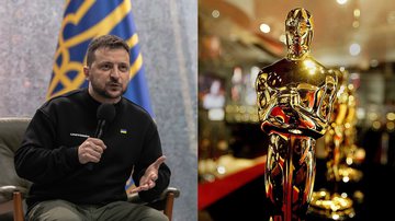Montagem do presidente ucraniano, Volodymyr Zelensky, ao lado de uma estatueta do Oscar - Roman Pilipey/Getty Images (esq.) e Carlo Allegri/Getty Images (dir.)