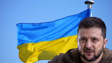 Bandeira da Ucrânia e Zelensky em montagem - Getty Images