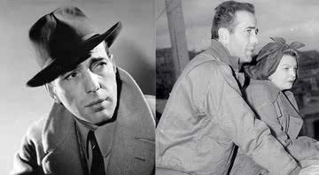 O ator Humphrey Bogart em retrato (à esq.) e o casal, em uma varanda (à dir.) - Wikimedia Commons