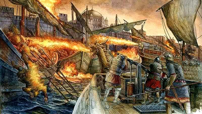 O equipamento em ação durante o Cerco de Constantinopla (717)