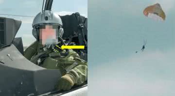 O homem, com um efeito blur para impossibilitar sua identificação, junto a uma fotografia de sua aterrizagem - Força Aérea Francesa