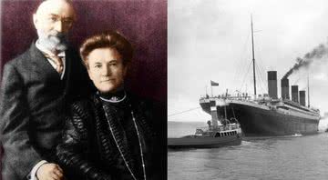 O casal, em fotografia pessoal (à esq.) e uma fotografia do Titanic partindo (à dir.) - Wikimedia Commons