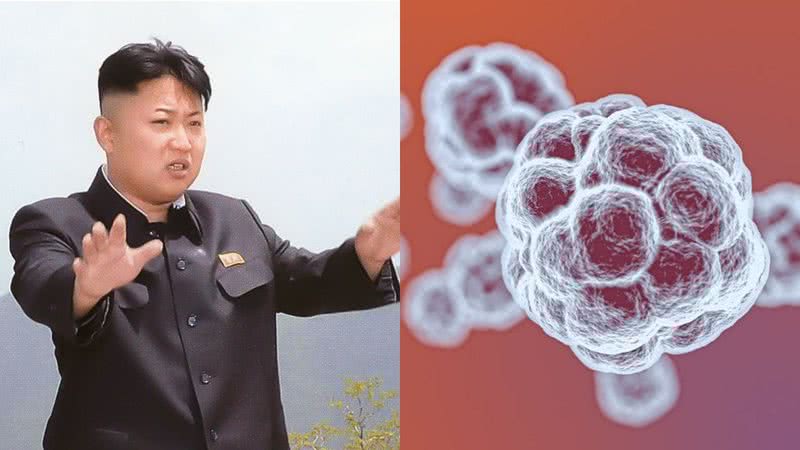 Kim Jon-Un ao lado de uma representação gráfica do novo coronavírus - Getty Images