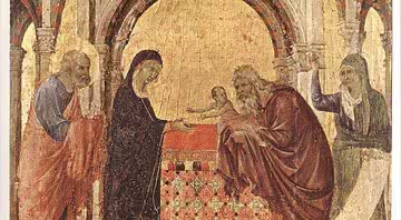 Imagem do século 13 de Jesus sendo apresentado aos rabinos - Duccio di Buonis