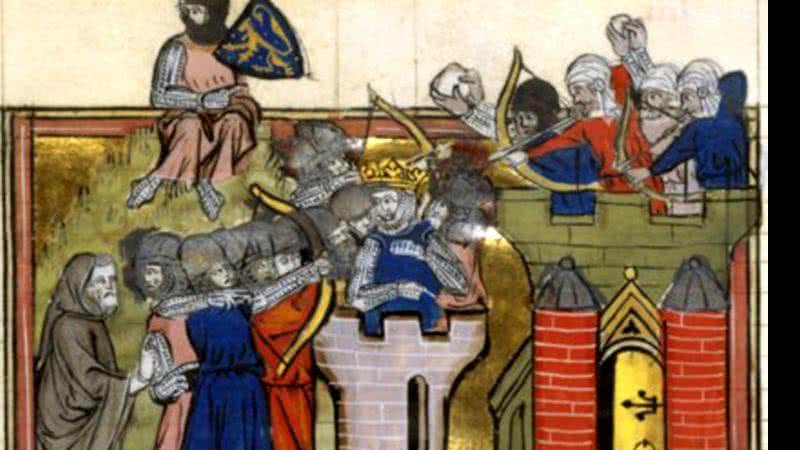 Godfrey de Bouillon, um dos lideres da primeira cruzada em uma torre de cerco em Jerusalém, julho de 1099. - Wikimidia Commons