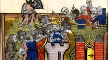 Godfrey de Bouillon, um dos lideres da primeira cruzada em uma torre de cerco em Jerusalém, julho de 1099. - Wikimidia Commons