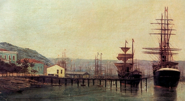 Porto de Santos em 1888, por Benedito Calixto - Domínio Público