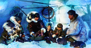 Família de esquimós no Alasca, nos anos 1920 - Ilustração/ Licius Bossolan