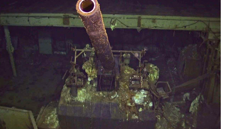 Arma de cinco polegadas nos destroços do USS Hornet. - Vulcan Inc.