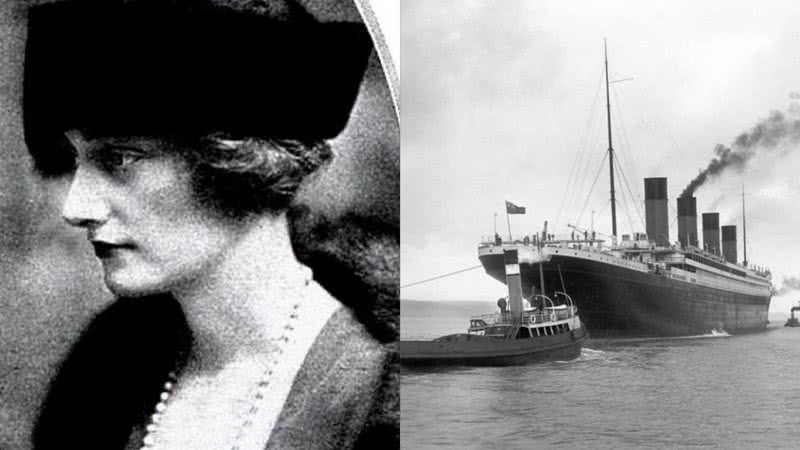 Lucile Polk Carter (à esq.) junto ao barco RMS Titanic no dia de sua partida (à dir.) - Divulgação / Wikimedia Commons