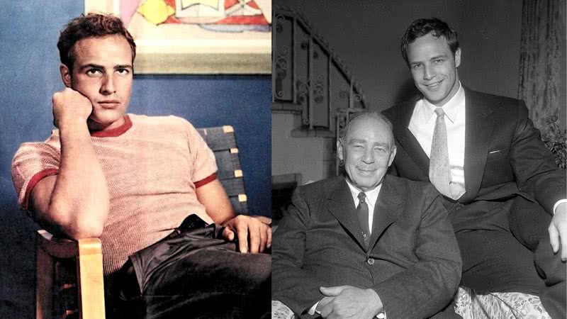 Marlon Brando em ensaio fotográfico (à esq.) e acompanhado de seu pai (à dir.) - Wikimedia Commons / Voxsartoria