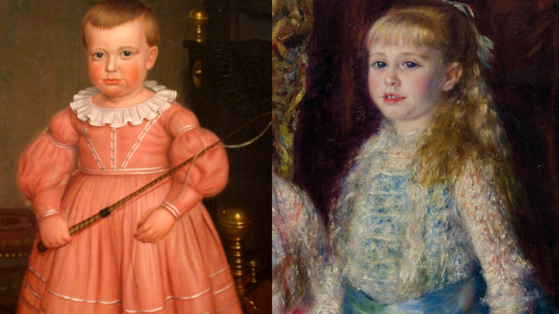 Pinturas de um menino usando rosa e uma menina usando azul