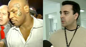 Mike Tyson saindo da delegacia (à esq.) e o jornalista Carlos Melo após depor (à dir.) - Divulgação / RecordTV