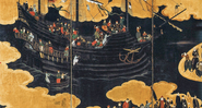 Pintura em biombo feita por Kano Naizen retrata portugueses chegando ao Japão - Domínio Público/Museu Nacional de Arte Antiga
