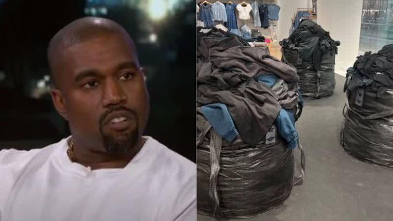 À esquerda imagem do rapper Kanye West e à direita imagem de roupas da coleção do rapper em sacos de lixo - Reprodução/Youtube/Jimmy Kimmel Live e Reprodução/Twitter/@owen__lang
