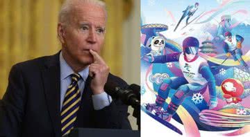 Montagem mostrando Joe Biden (à esquerda) e cartaz de divulgação dos jogos de 2022 (à direita) - Divulgação/ Getty Images/ Comitê Olímpico Internacional