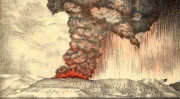 Pintura representando a erupção do Krakatoa - Litografia: Parker & Coward, Grã-Bretanha / Domínio Público, via Wikimedia Commons