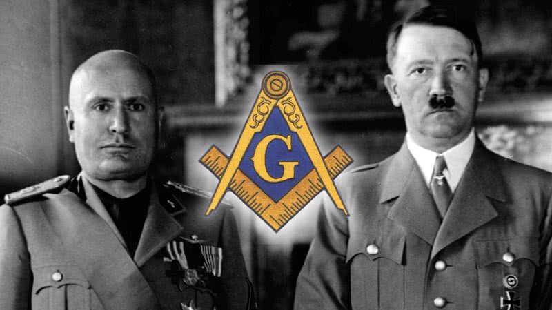 Emblema maçônico sobreposto em encontro de Hitler e Mussolini no ano de 1940 - Wikimedia Commons / Domínio Público