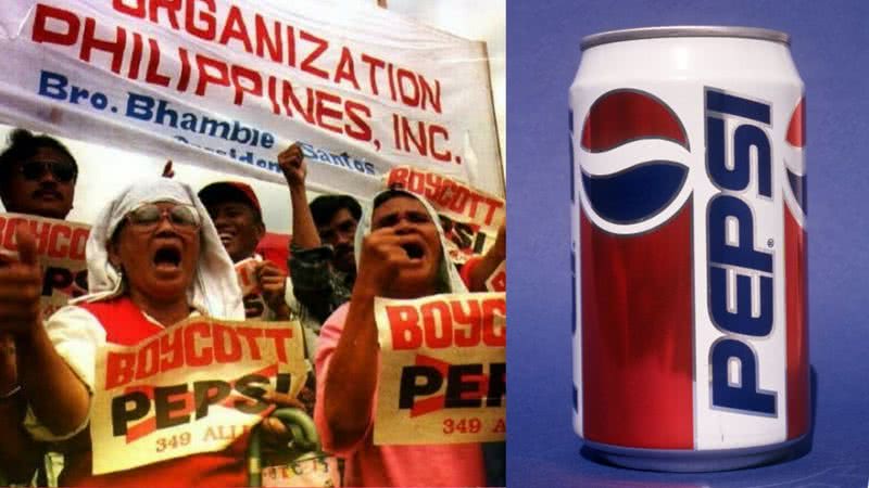 Manifestantes pedem boicote a Pepsi (à esq.) ao lado de lata da época (à dir.) - Divulgação