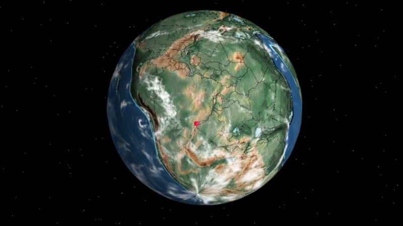 O mapa interativo da Terra, mostrando a localização da cidade de São Paulo (ponto vermelho) há 240 milhões de anos - Reprodução/Ancient Earth
