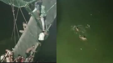 Trechos de vídeo em que é possível ver ponte desabada e pessoas nadando nas águas do rio Machchhu, na Índia - Reprodução/Vídeo/YouTube
