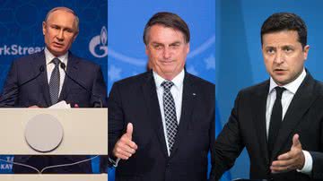 Presidentes Vladimir Putin, da Rússia, Jair Bolsonaro, do Brasil, e Volodymyr Zelensky, da Ucrânia - Getty Images