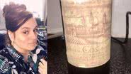 Montagem mostrando a britânica sortuda e o vinho que ganhou - Divulgação/ Arquivo Pessoal