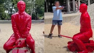 Trechos de vídeo mostrando a escultura, e uma criança usando uma arma de água contra o objeto - Divulgação/ Youtube/ Yahoo Australia