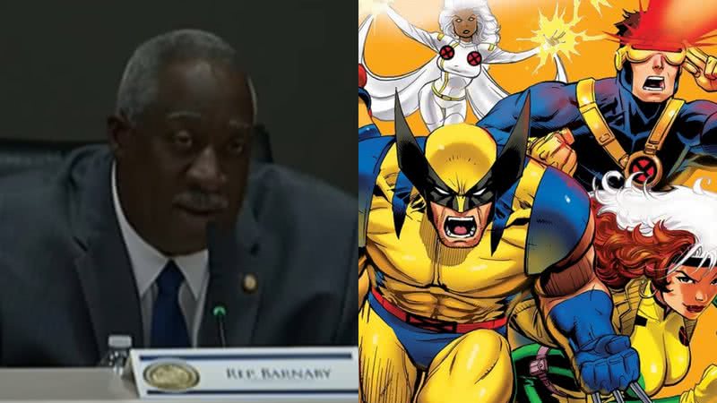 O deputado republicano Webster Barnaby e uma imagem dos heróis X-Men - Reprodução/Vídeo/YouTube / Reprodução/Marvel