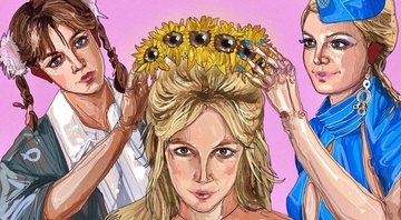 Ilustração de Britney Spears ao lado de personagens icônicos de seus clipes - Arte de Daniel Skripnik (Instagram: daniel.skripnik), todos os direitos reservados