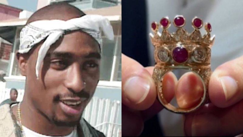 O rapper Tupac e seu lendário anel, em colagem - Reprodução/Vídeo/YouTube/MTV News / Divulgação/ Vídeo/ New York Post