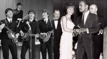 Beatles reunidos em foto (esq.) e Astrud recebendo Grammy de Sammy Davis Jr. dir.) - Wikimedia Commons