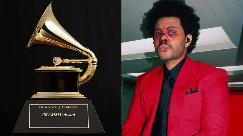 Troféu do Grammy (esq.) e The Weeknd no clipe 'Blinding Lights' (dir.) - Divulgação