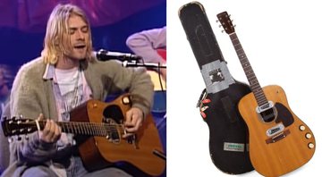 O violão em uso no MTV Unplugged (à esq.) e em fotografia para leilão (à dir.) - Divulgação