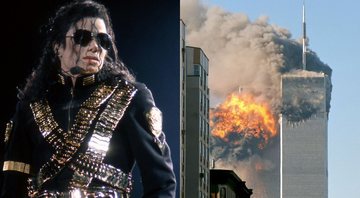 Michael Jackson (à esq.) em montagem com o World Trade Center após explosão (à dir.) - Wikimedia Commons