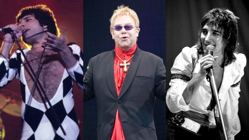 Respectivamente: Freddie Mercury, Elton John e Rod Stewart - Divulgação