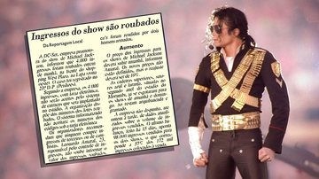 Montagem de Michael Jackson no palco com recorte de jornal anunciando roubo - Getty Images / Reprodução / Folha de S. Paulo