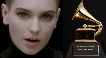Sinead do clipe de 'Nothing Compares 2 U' (esq.) em montagem com estatueta do Grammy (dir.) - Divulgação