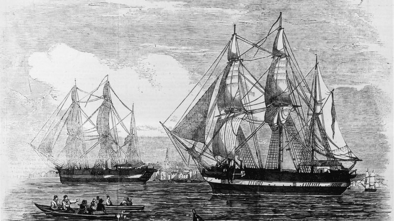 Gravura dos navios HMS Erebus e HMS Terror partindo no Ártico em 1845 - Domínio Público/ Creative Commons/ Wikimedia Commons