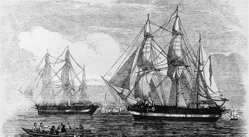 Gravura dos navios HMS Erebus e HMS Terror partindo no Ártico em 1845 - Domínio Público/ Creative Commons/ Wikimedia Commons