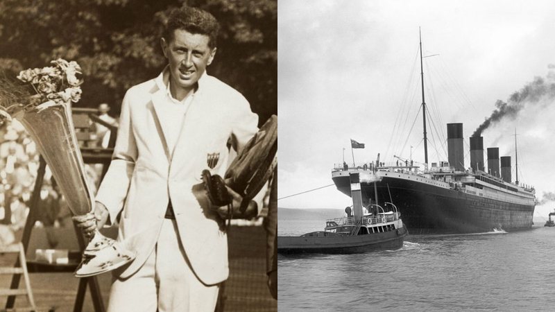 Richard Norris Williams em uma premiação (à esq.) em montagem junto ao Titanic (à dir.) - Encyclopedia Titanica / Wikimedia Commons