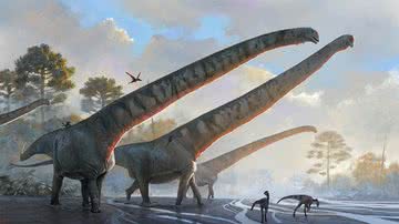 Ilustração do saurópode Mamenchisaurus sinocanadorum, dono do maior pescoço da natureza, pela artista e bióloga brasileira Júlia D'Oliveira - Divulgação/Redes Sociais /Júlia D'Oliveira/@tupandactylus