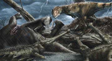 Ilustração do Carcharodontosaurus e do crocodilo Elosuchus perseguindo o Saara - Divulgação / Davide Bonadonna/CNET