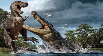 Imagem ilustrativa de um Purussaurus e Tiranossauro - Divulgação / Youtube / besttips404