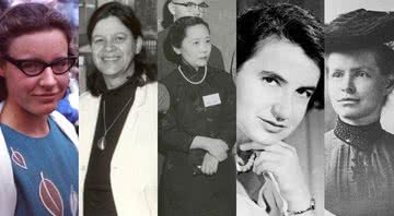 Montagem/ Wikimedia Commons - Da esquerda para direita: Jocelyn Bell Burnell, Esther Lederberg, Chien-Shiung Wu, Rosalind Franklin e Nettie Stevens