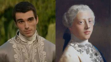 Personagem do Rei George III em Rainha Charlotte à esquerda (que é uma série spin-off de Bridgerton) e pintura de George III à direita - Divulgação / Netflix e Domínio Público