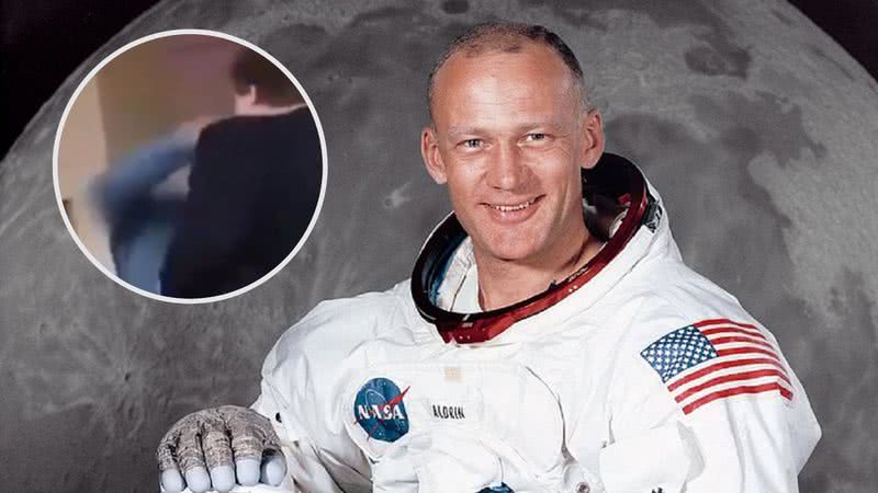 Foto de Buzz Aldrin e registro de quando ele seu soco em conspiracionista - NASA e reprodução/Video