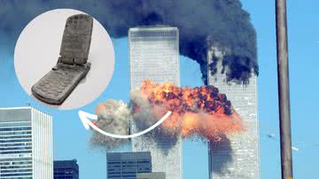 WTC em chamas em montagem com celular de Andrea - Getty Images e 9/11 Memorial
