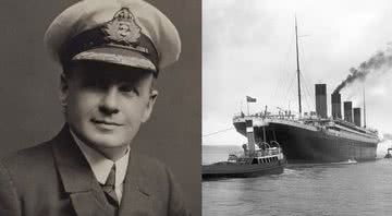 Charles Lightoller (à esq.) em montagem junto ao Titanic (à dir.) - Wikimedia Commons